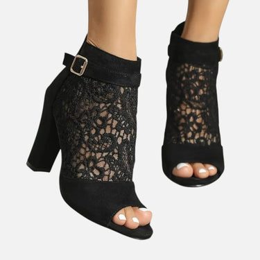 Belavyn | Women’s Elegant Lace Mesh Heel Booties #color_black
