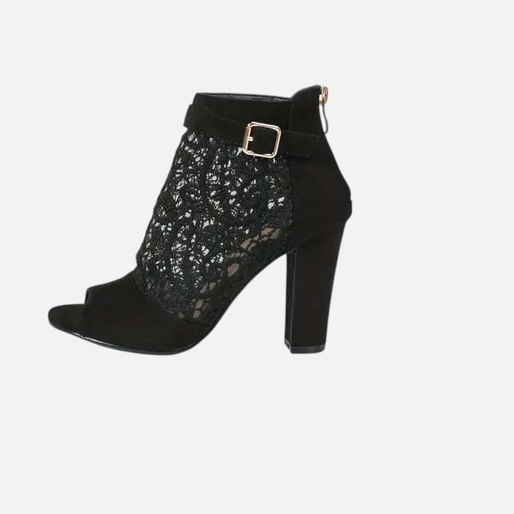 Belavyn | Women’s Elegant Lace Mesh Heel Booties #color_black