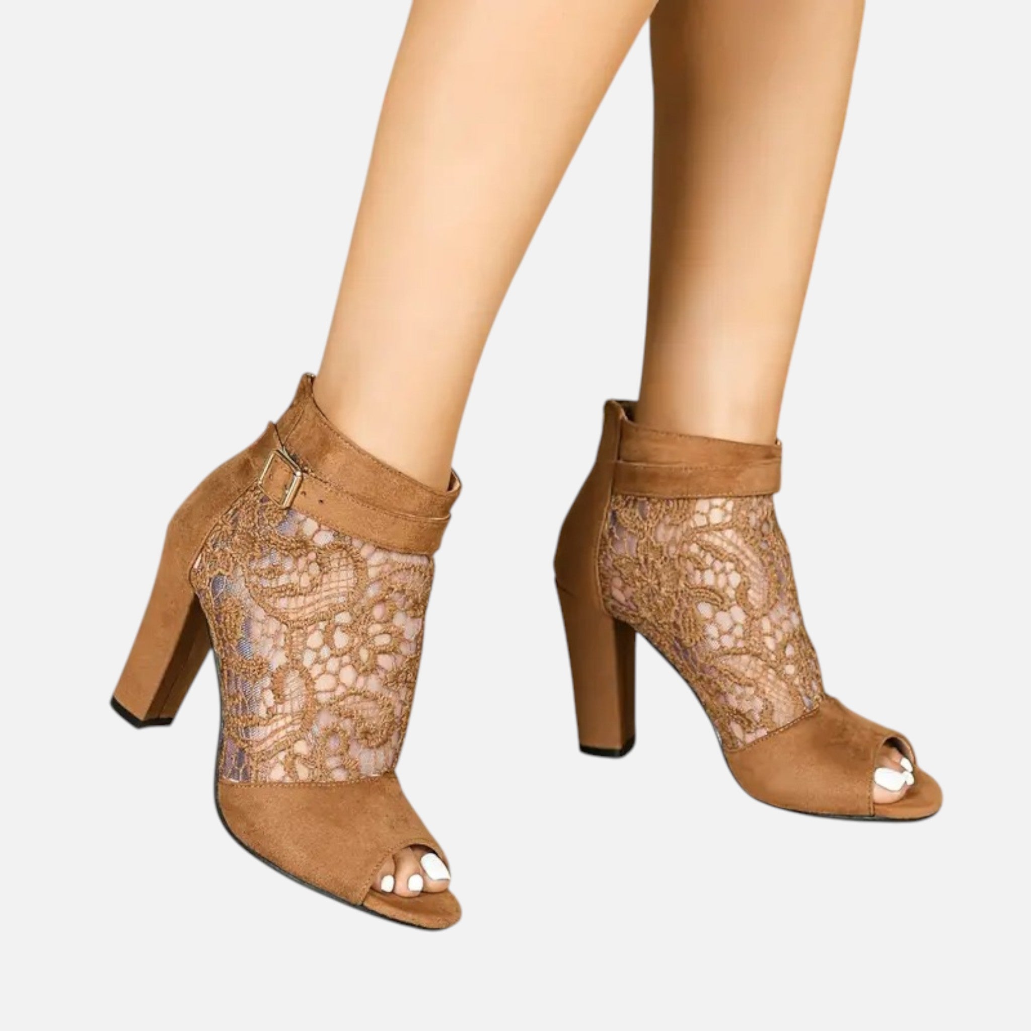 Belavyn | Women’s Elegant Lace Mesh Heel Booties #color_sepia