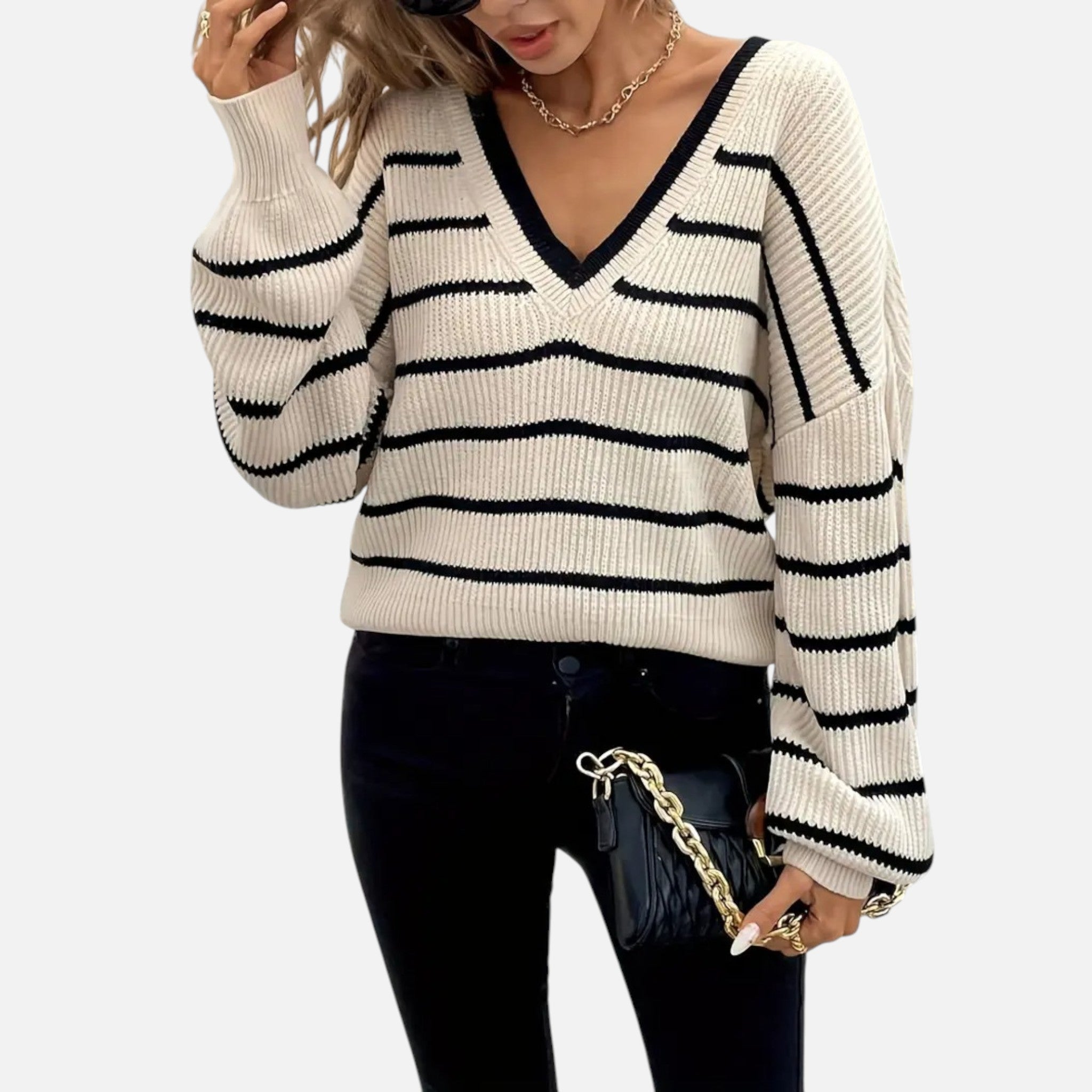 Belavyn | Womenâs French-Striped V-Neck Pullover