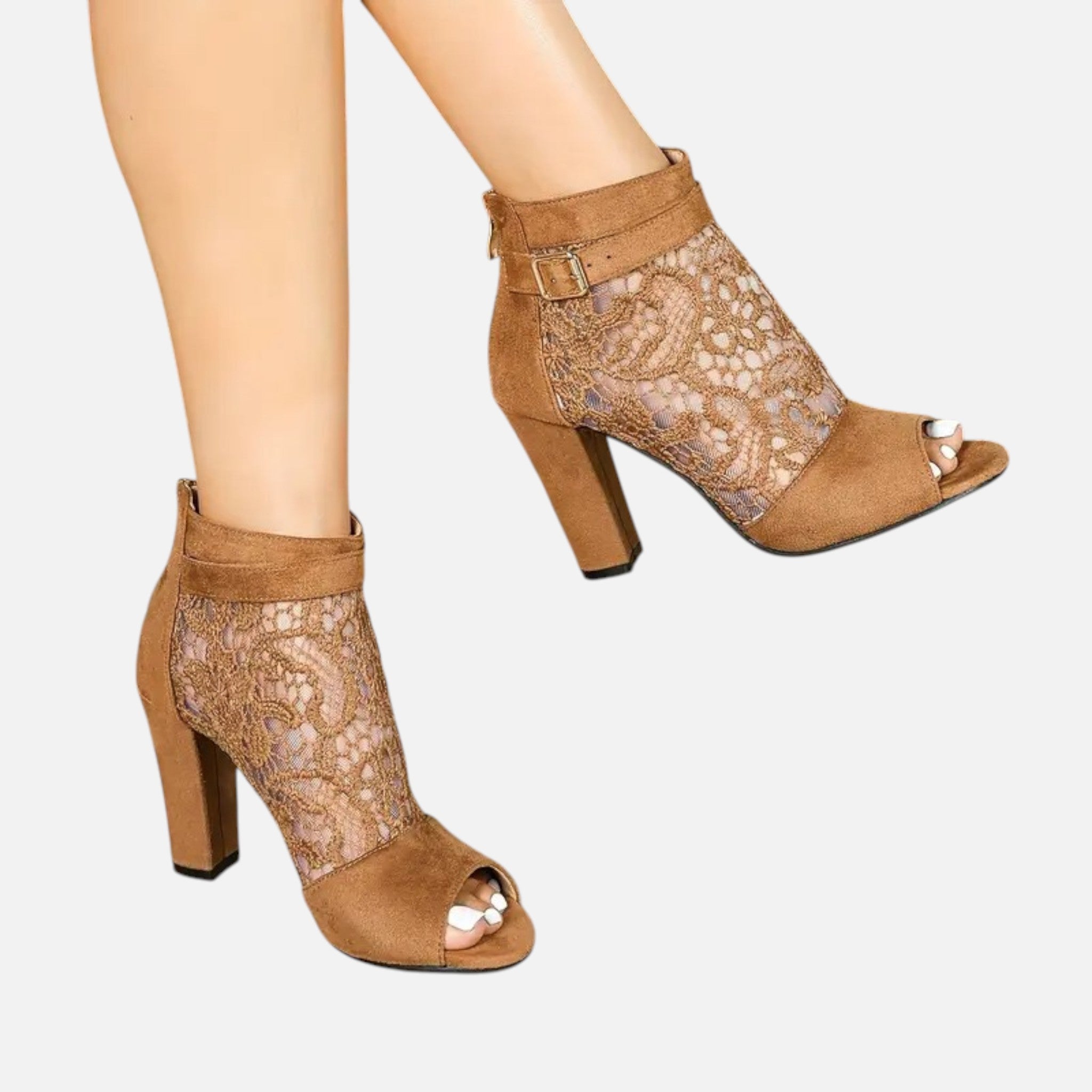 Belavyn | Women’s Elegant Lace Mesh Heel Booties #color_sepia
