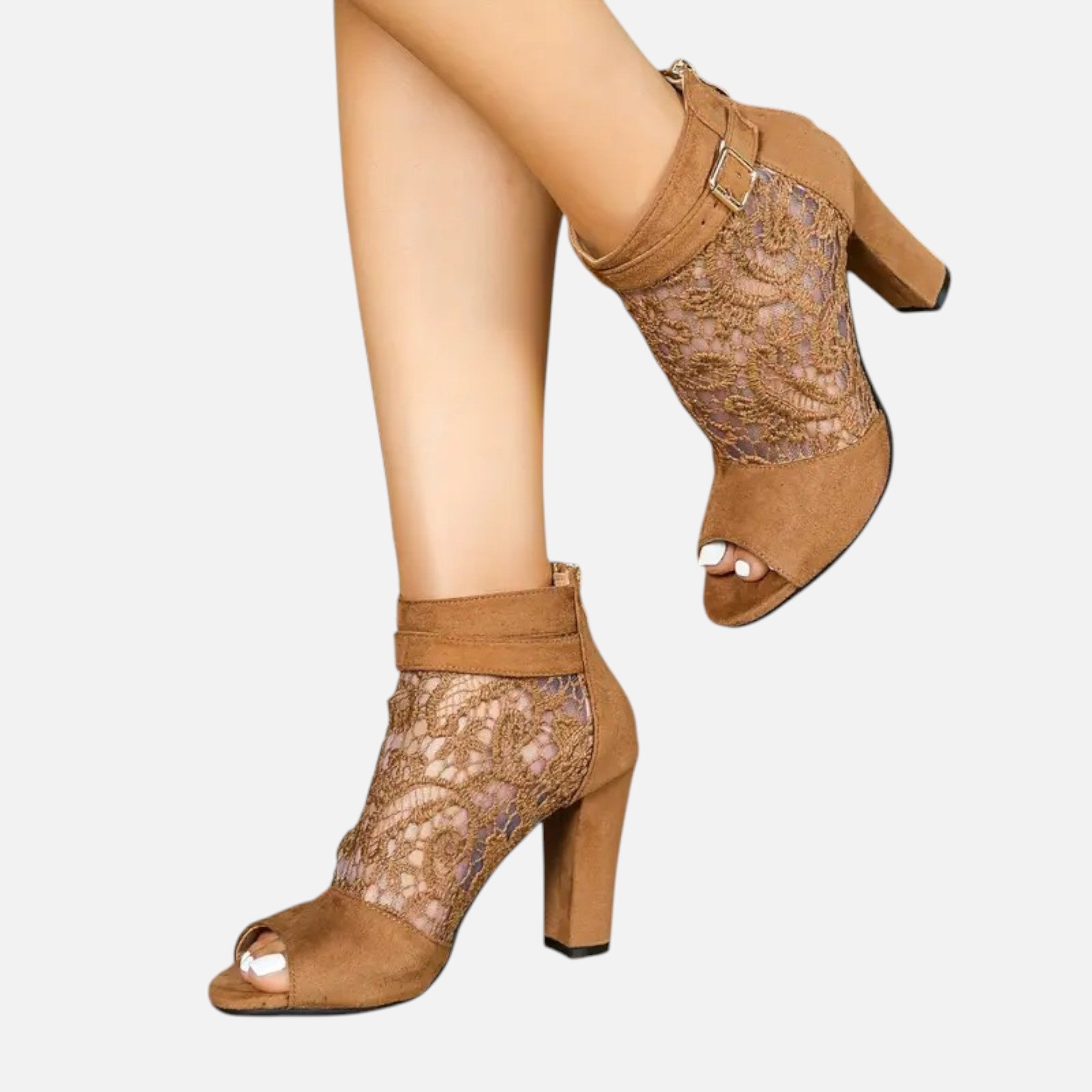 Belavyn | Women’s Elegant Lace Mesh Heel Booties #color_sepia