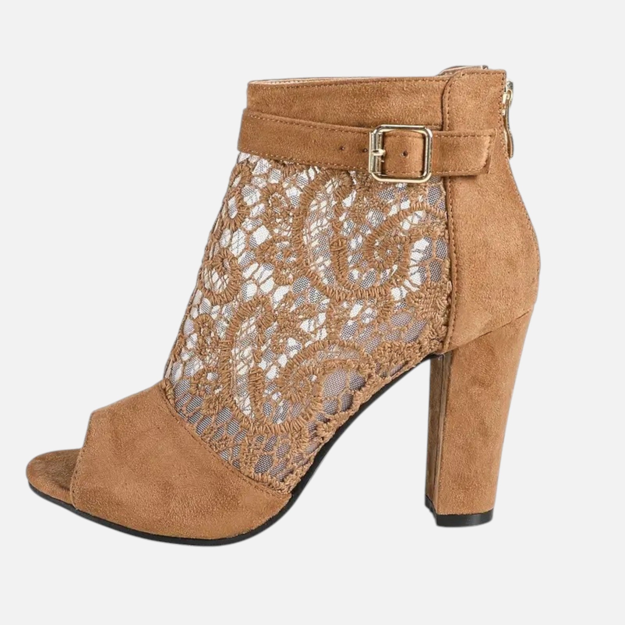 Belavyn | Women’s Elegant Lace Mesh Heel Booties #color_sepia