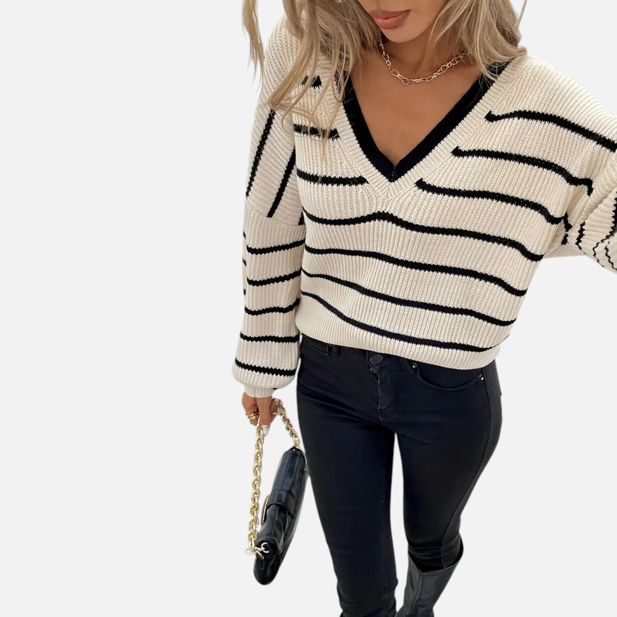 Belavyn | Womenâs French-Striped V-Neck Pullover