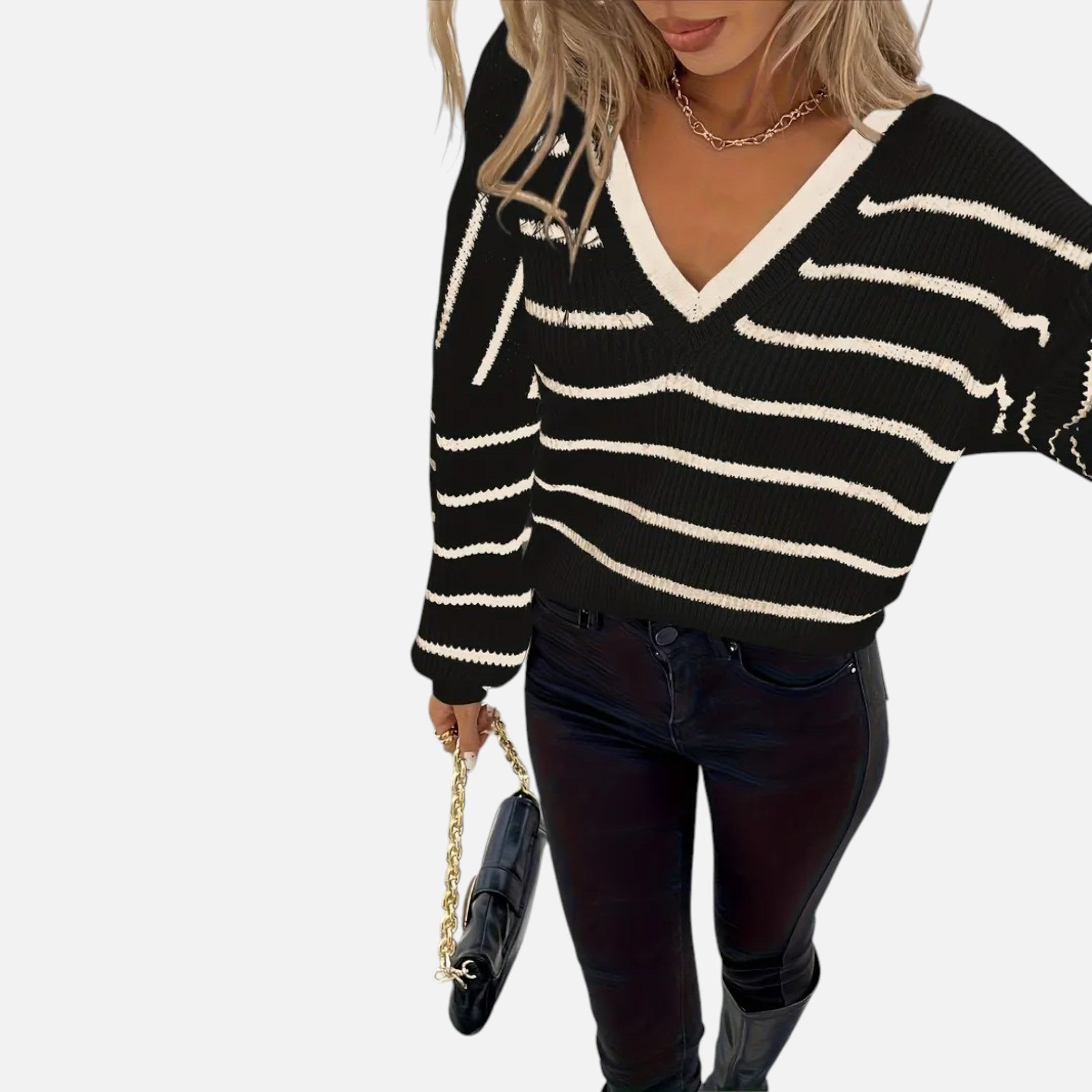Belavyn | Womenâs French-Striped V-Neck Pullover
