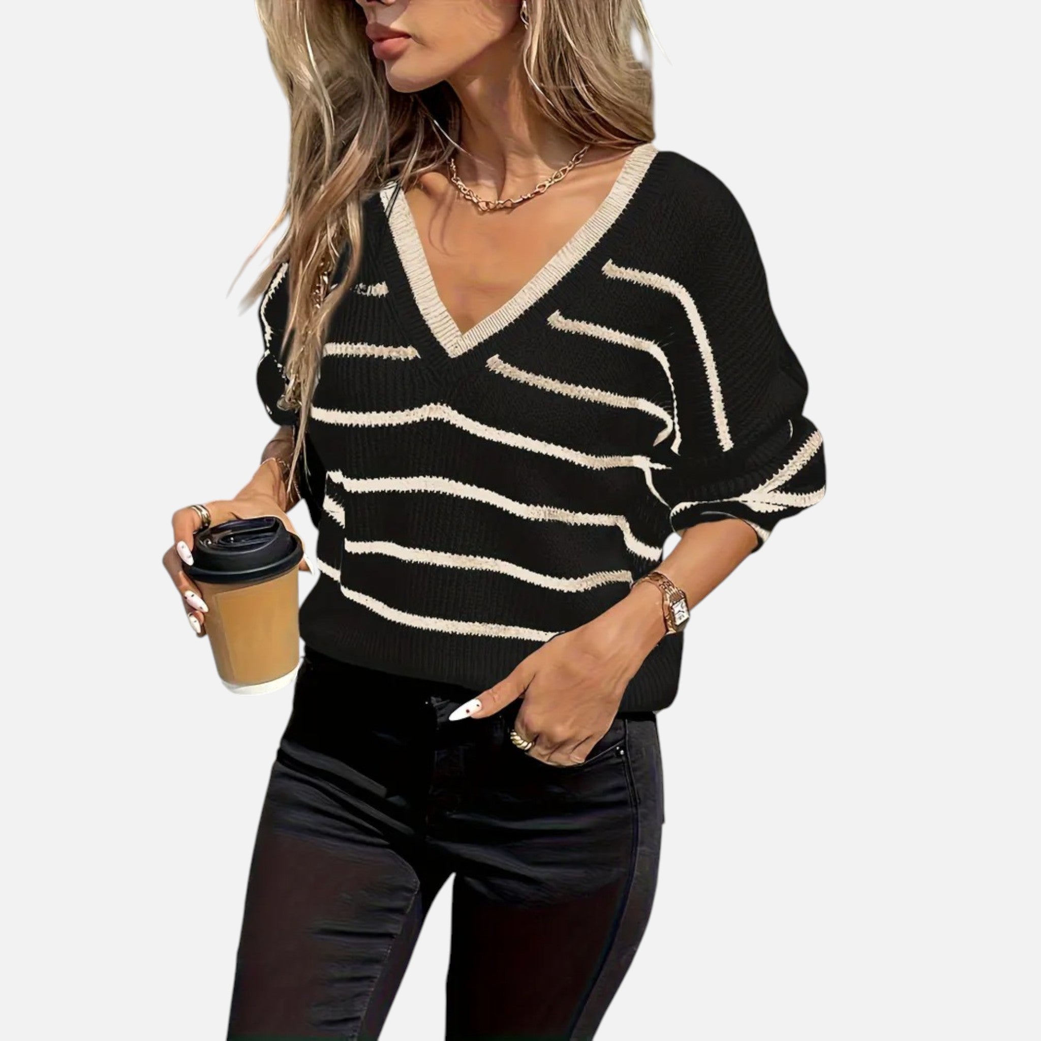 Belavyn | Womenâs French-Striped V-Neck Pullover