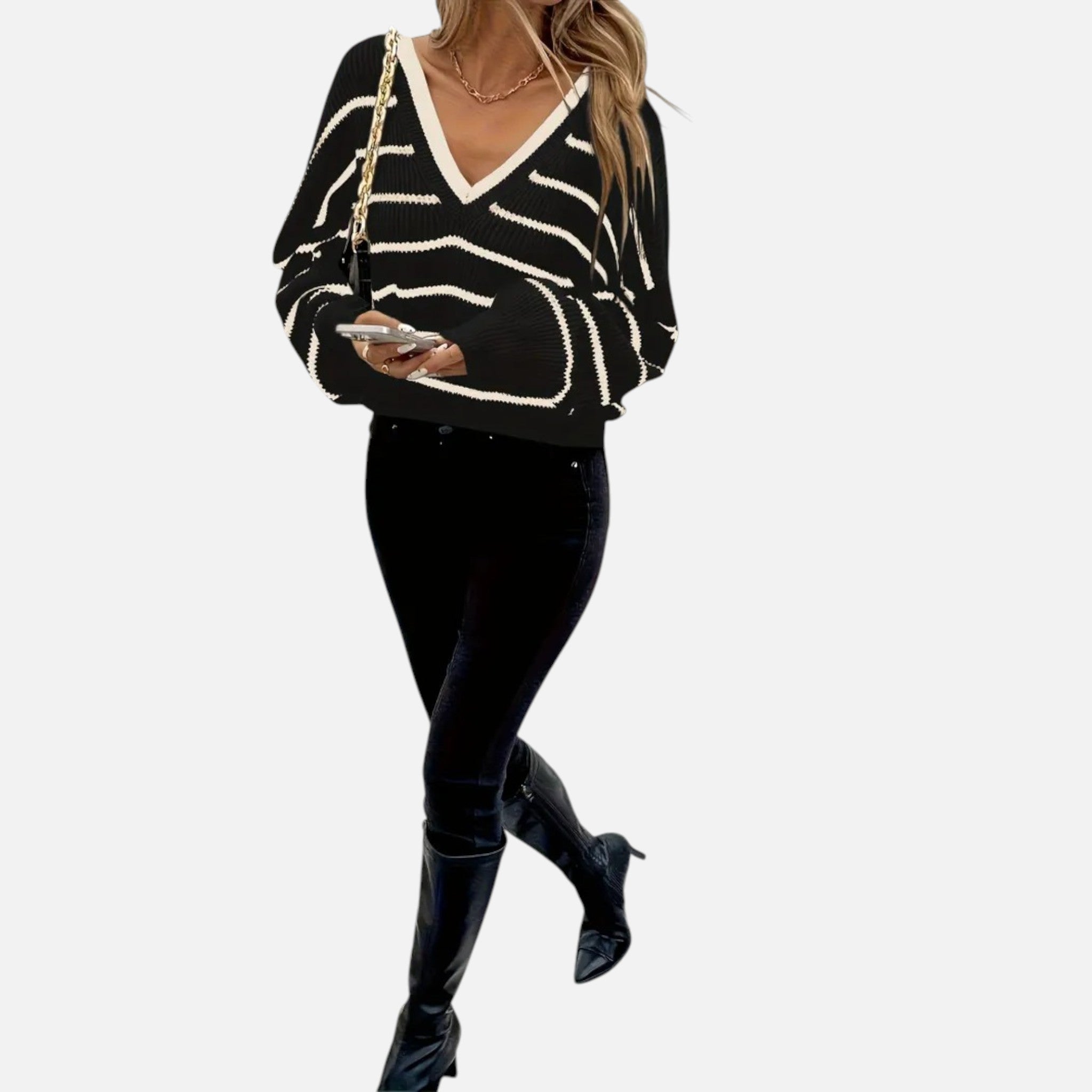 Belavyn | Womenâs French-Striped V-Neck Pullover