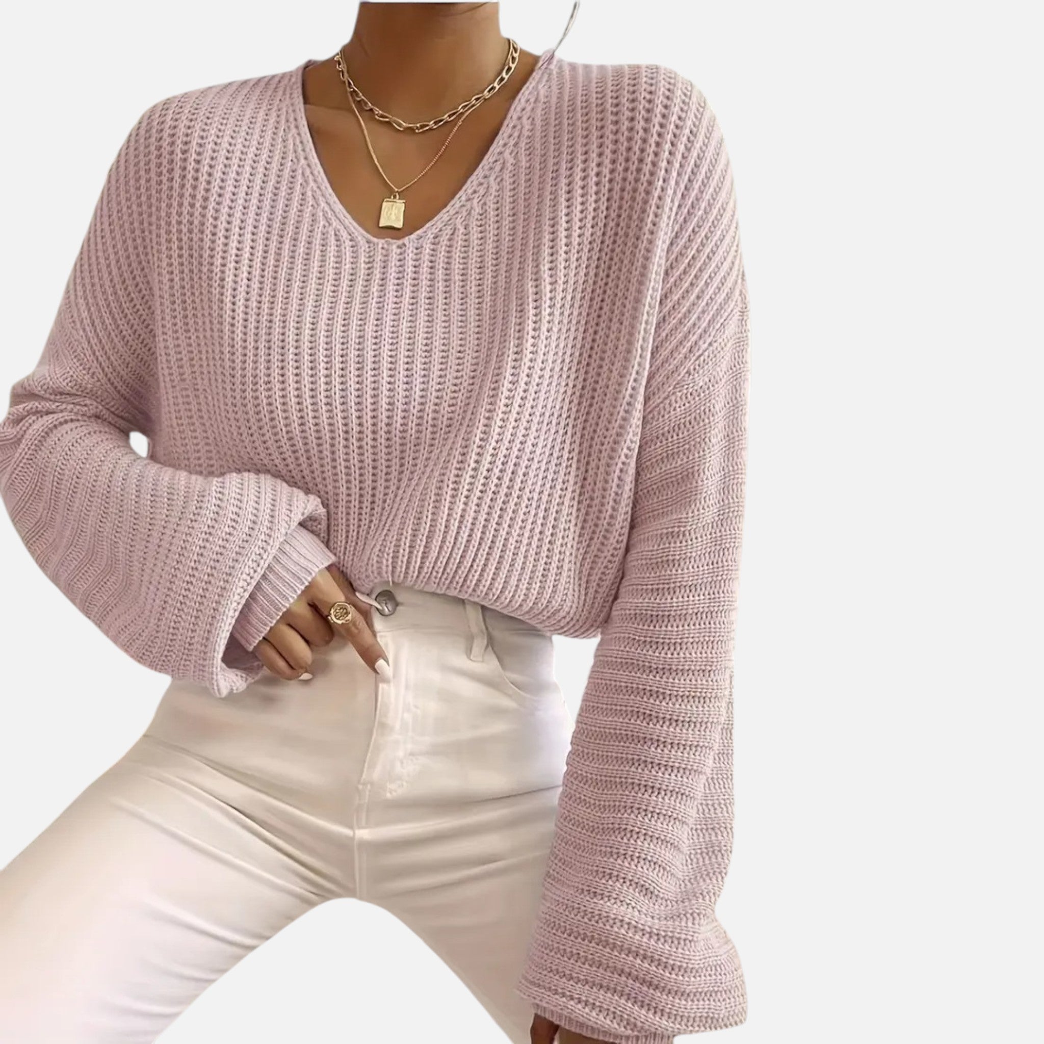 Belavyn | Womenâs Soft Pink V-Neck Knit Sweater