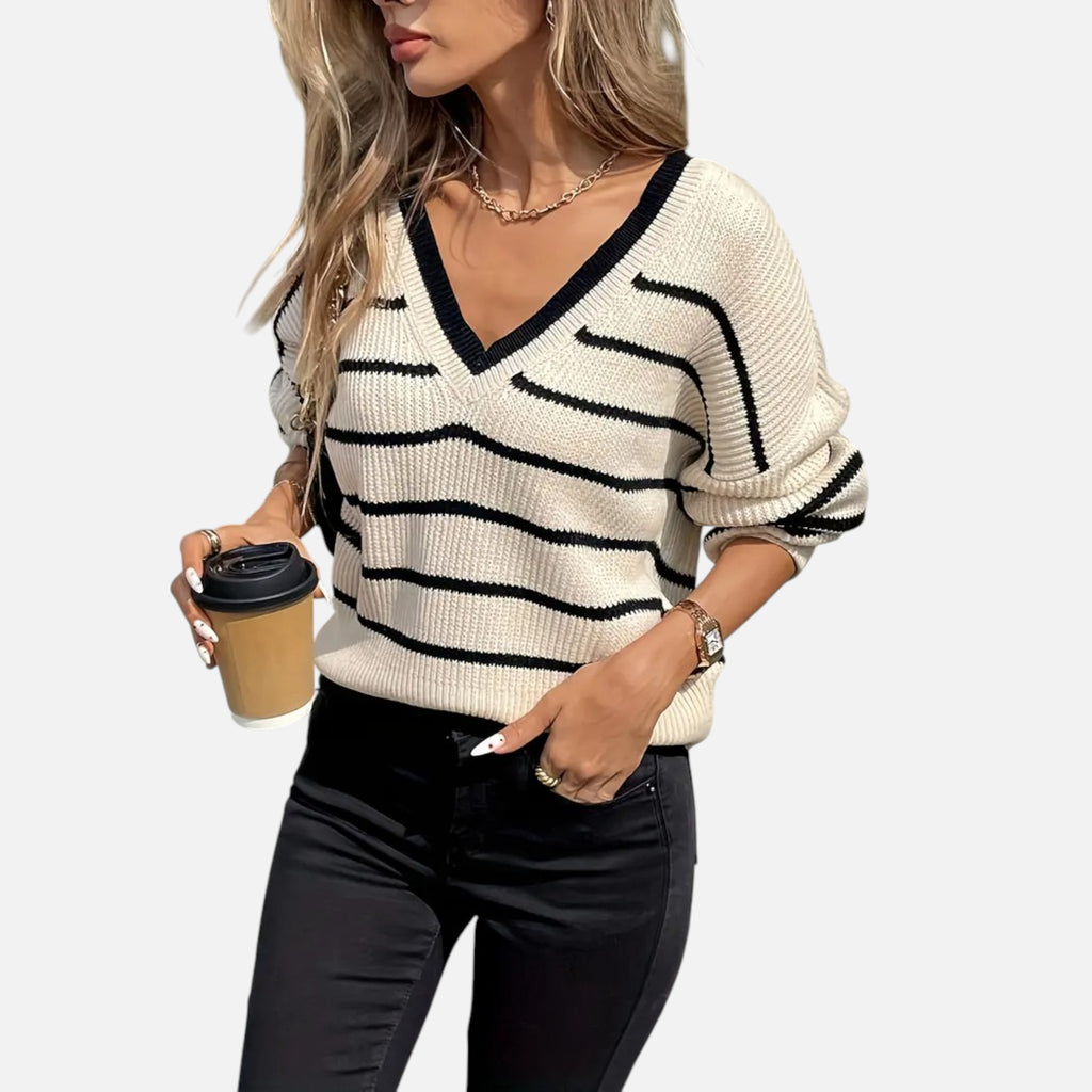 Belavyn | Womenâs French-Striped V-Neck Pullover