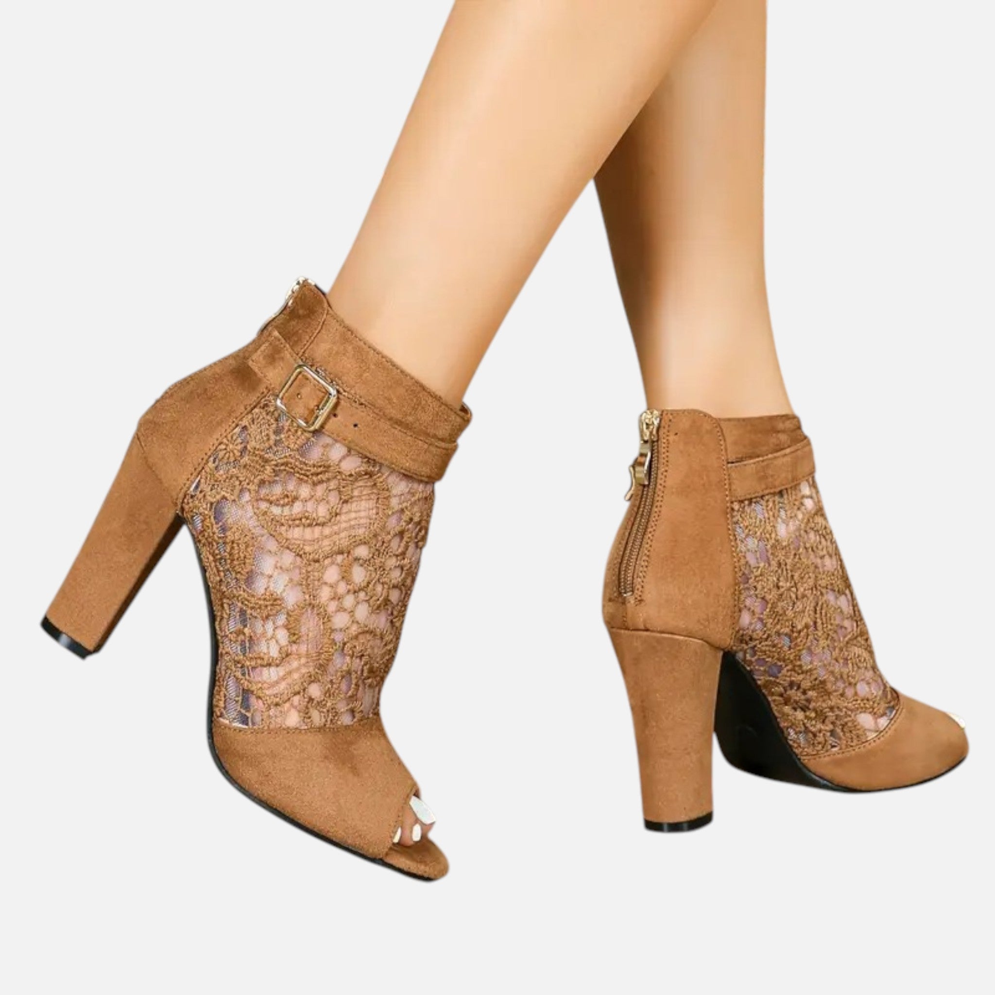 Belavyn | Women’s Elegant Lace Mesh Heel Booties #color_sepia
