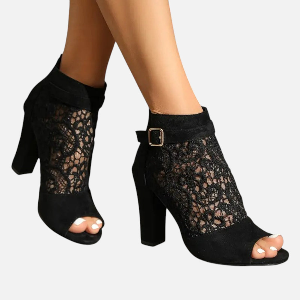 Belavyn | Women’s Elegant Lace Mesh Heel Booties #color_black