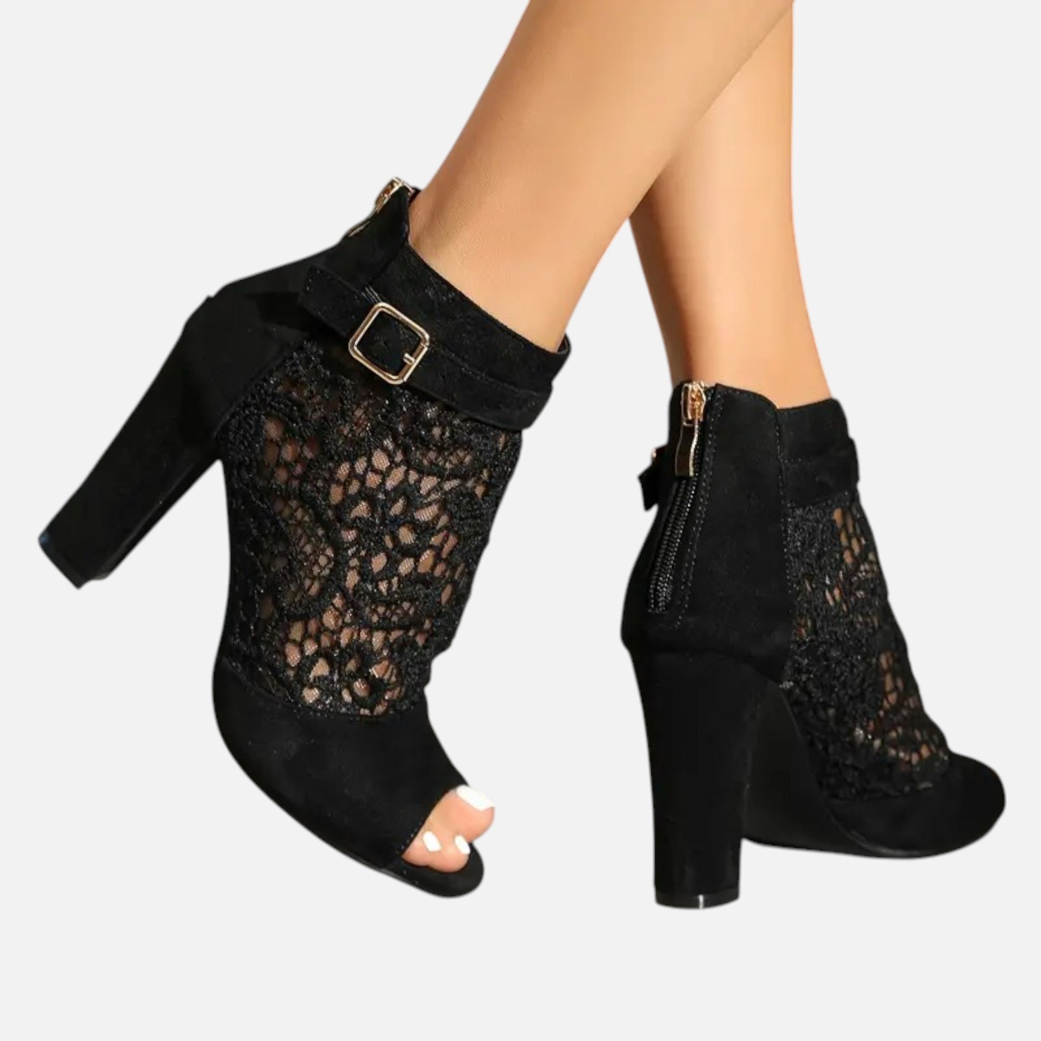 Belavyn | Women’s Elegant Lace Mesh Heel Booties #color_black
