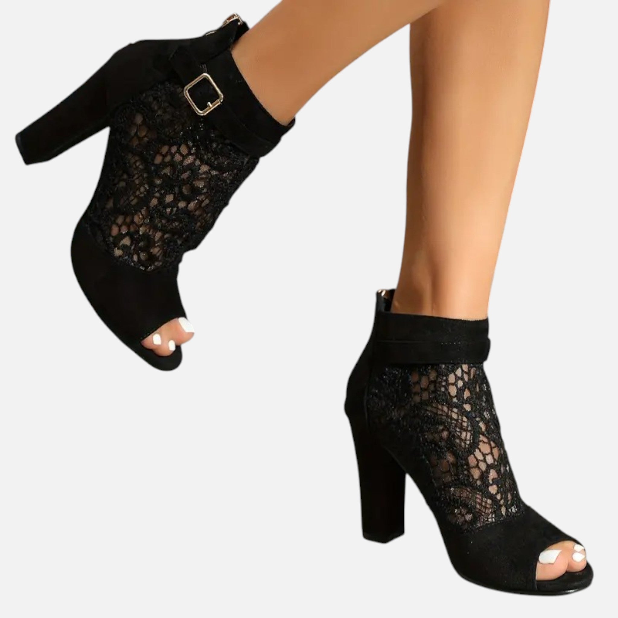 Belavyn | Women’s Elegant Lace Mesh Heel Booties #color_black